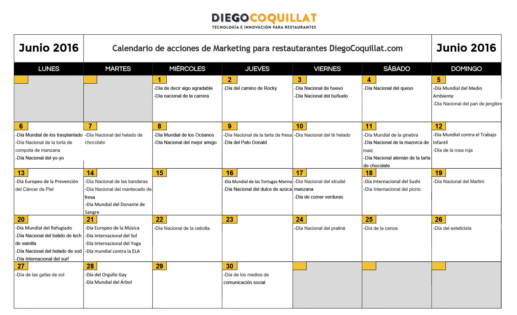 Junio de 2016: calendario de acciones de marketing para restaurantes