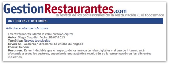 Artículo Gestión Restaurantes "Los restaurantes lideran la comunicación digital"