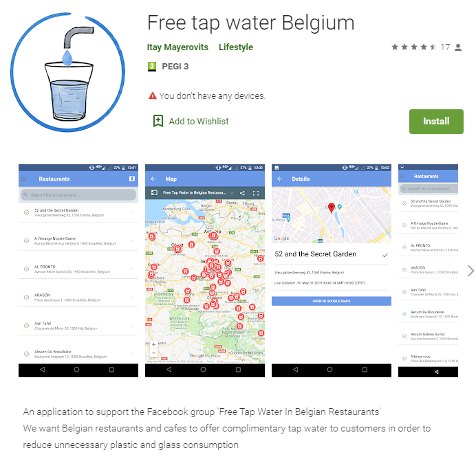 Tanto los usuarios de iOS como aquellos que empleen dispositivos basados en Android pueden usar esta app móvil sin coste alguno. De momento solo funciona en Bélgica, donde el consumo de agua corriente no es muy habitual.