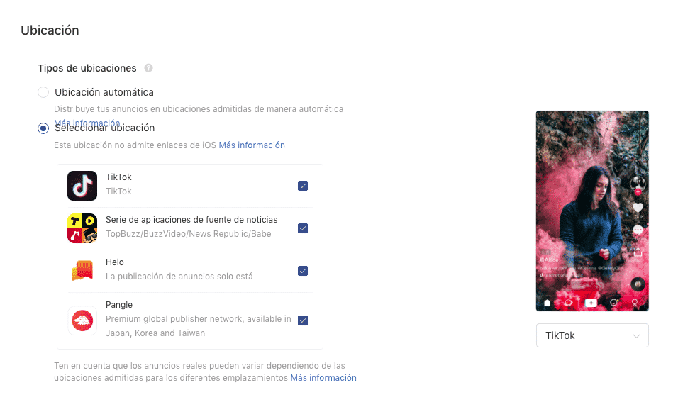 Aquí decidimos: ubicaciones (del anuncio) y la segmentación