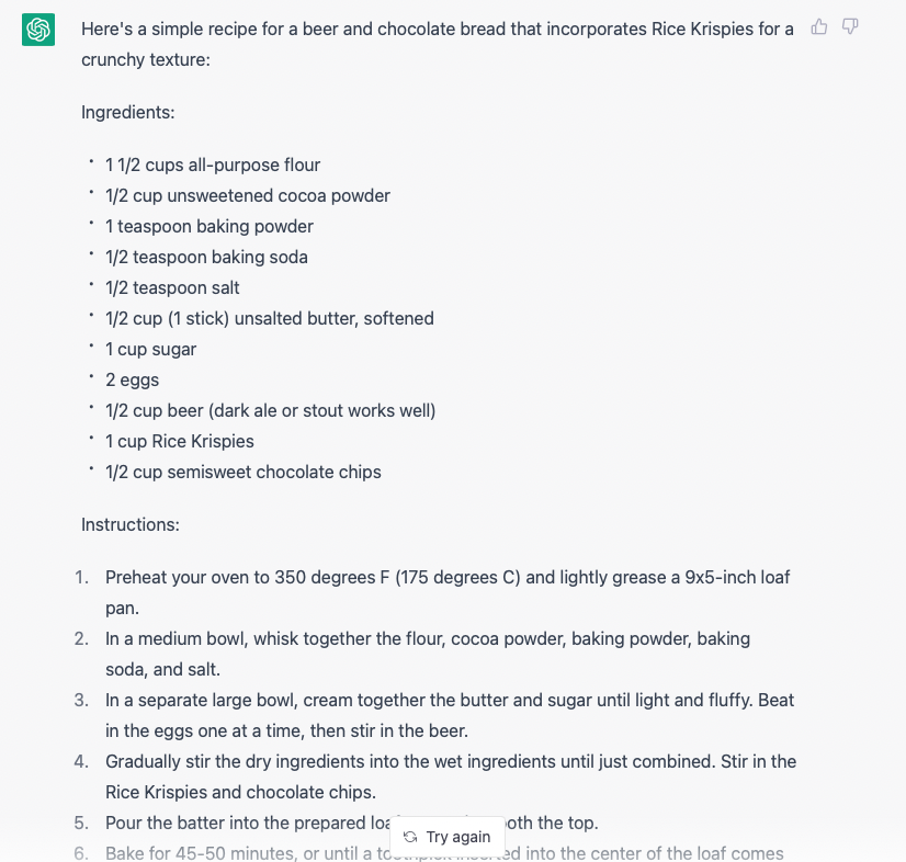 La IA propuso emplear harina común, coco en polvo sin azúcares añadidos, levadura, bicarbonato de sodio, sal, mantequilla sin sal, azúcar, huevos, cerveza muy fermentada —ale oscura o stout—, Rice Krispies y galletas de chocolate no muy dulces.
