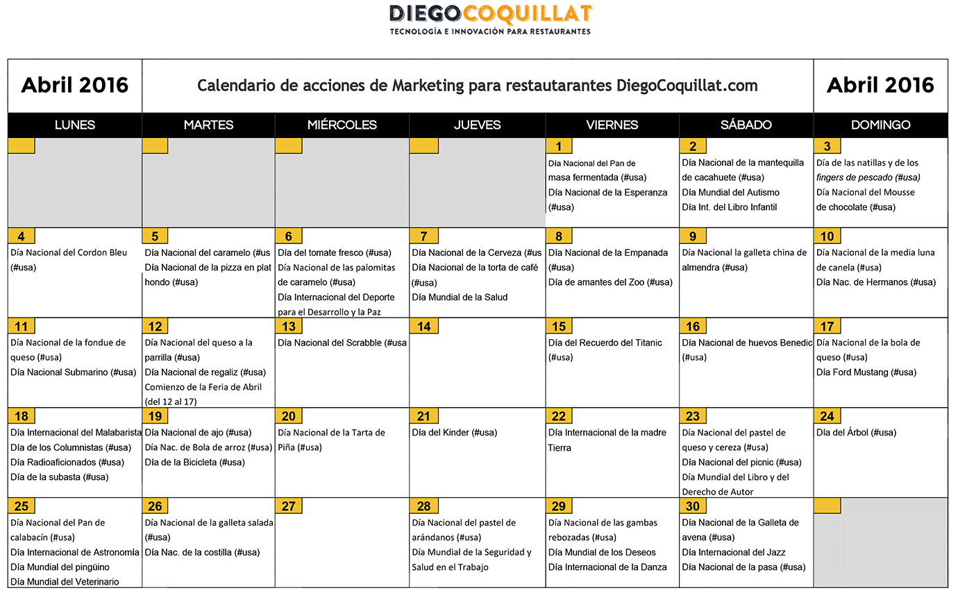 Abril de 2016: calendario de acciones de marketing para restaurantes