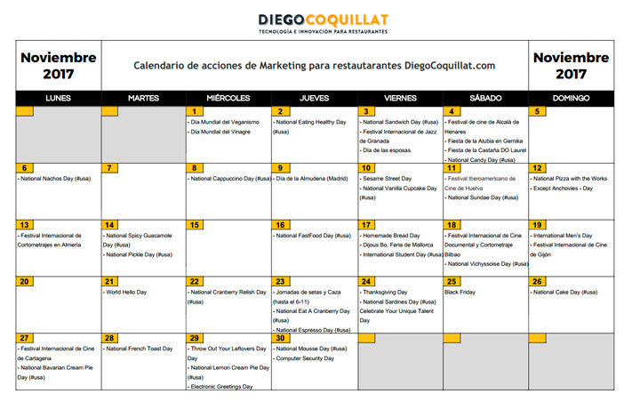 Noviembre 2017: Calendario de acciones de marketing para restaurantes