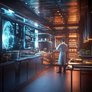 Interior de un restaurante futurista con pantallas holográficas y un chef ajustando recetas basadas en cálculos cuánticos.