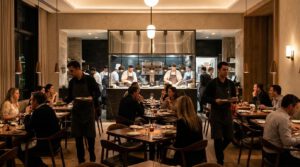 Fotografía realista de un restaurante moderno y elegante durante un servicio intenso, con camareros en movimiento, clientes en sala y una cocina abierta al fondo con chefs trabajando de forma coordinada.