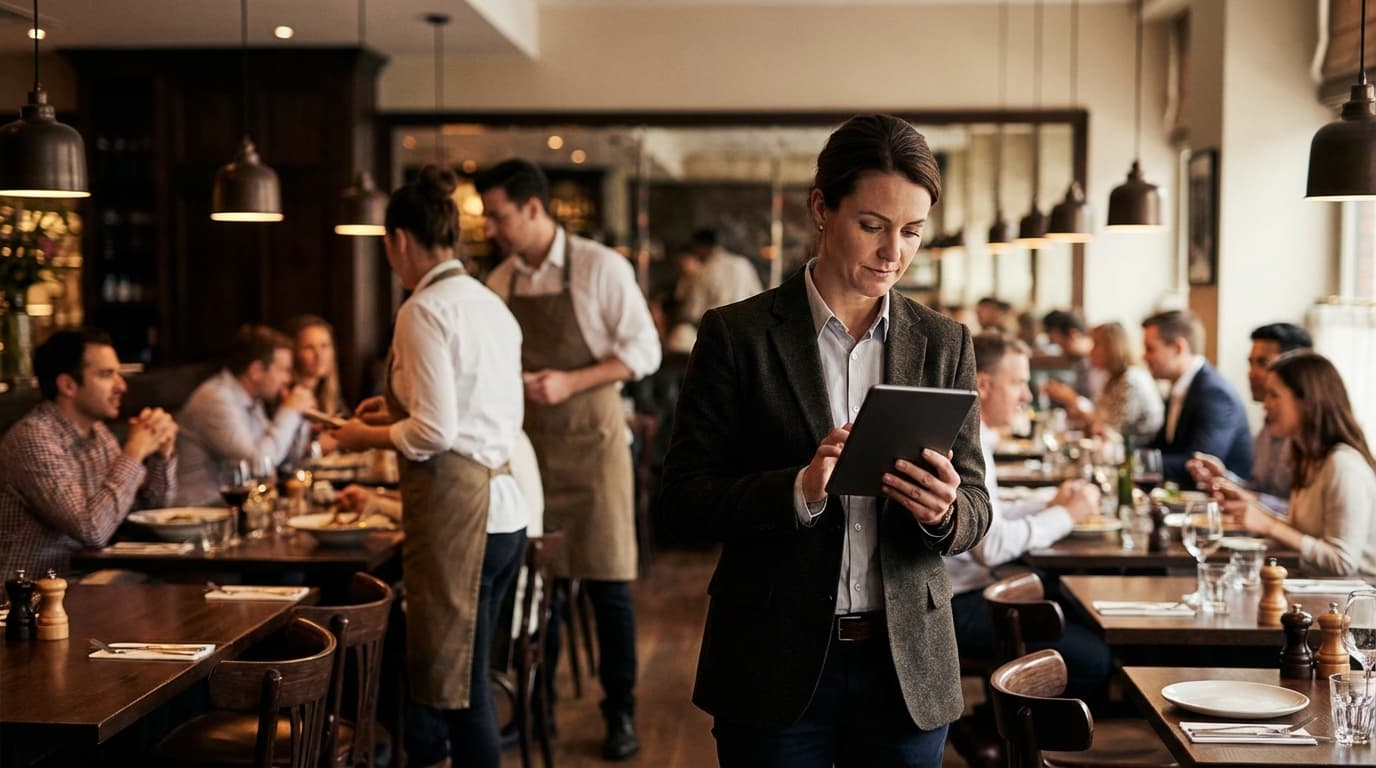 Responsable de sala revisando discretamente información operativa en un restaurante moderno mientras el equipo atiende mesas durante el servicio.
