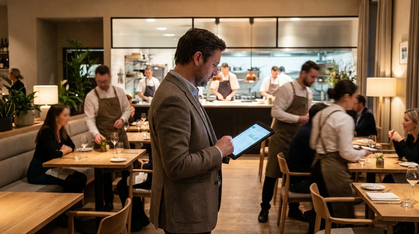 Responsable de un restaurante moderno consultando una tablet durante el servicio, mientras camareros atienden mesas y el equipo de cocina trabaja al fondo en un entorno elegante y contemporáneo.