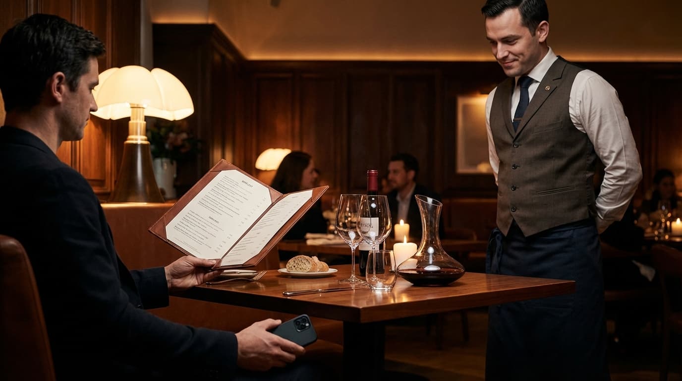 Cliente en un restaurante elegante consulta su móvil junto a una carta de vinos, mientras un sumiller espera con naturalidad frente a la mesa.