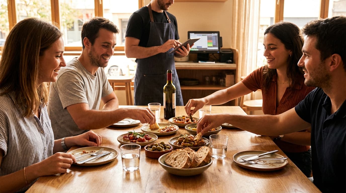 Clientes compartiendo varios platos en una mesa de un restaurante español mientras, al fondo, un camarero revisa la gestión de la sala en una tablet.