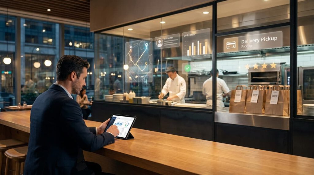 Gerente de restaurante consultando datos digitales de delivery, reservas y clientes en una tablet dentro de un restaurante moderno.