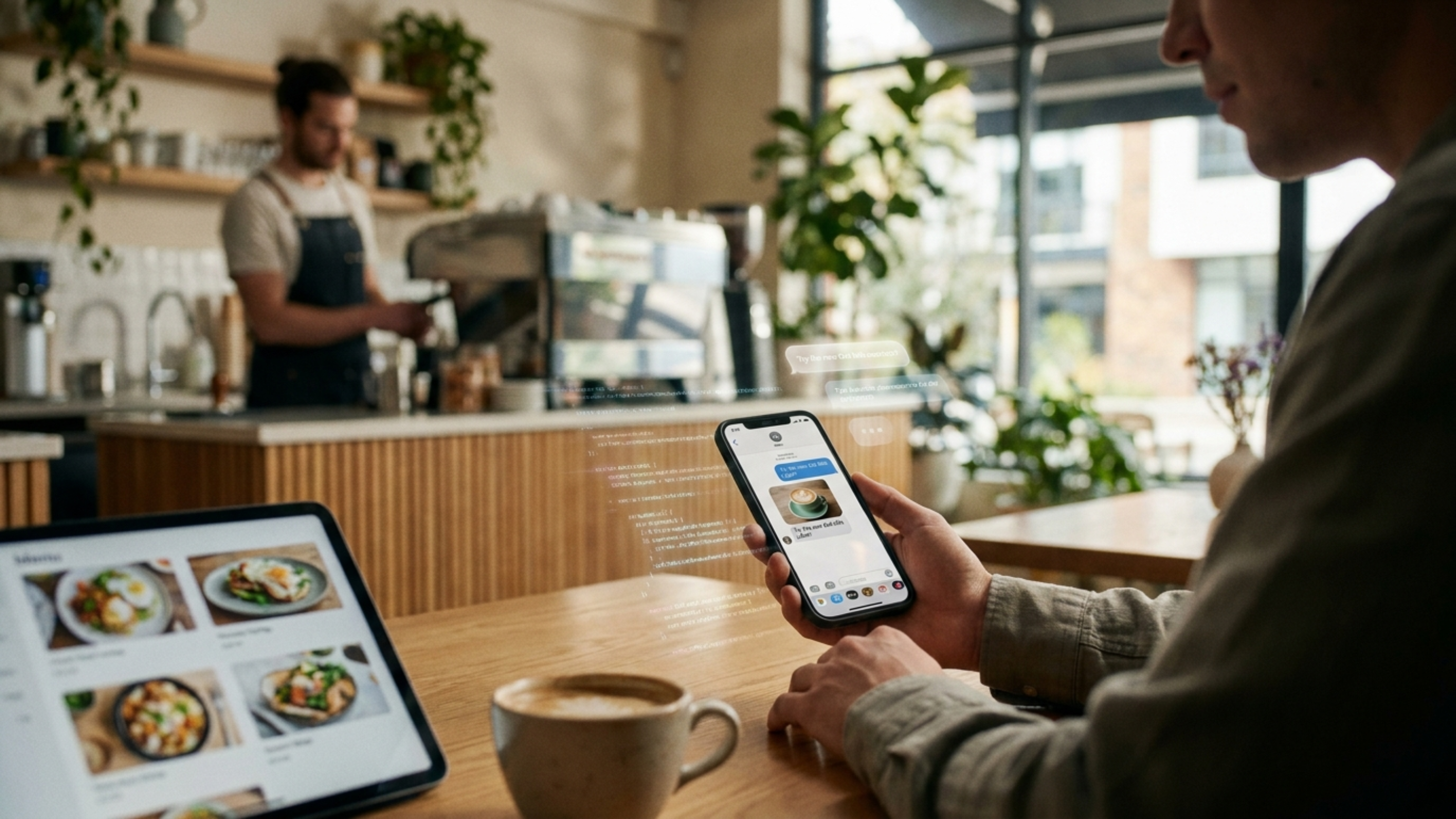 Smartphone con asistente de inteligencia artificial recomendando café en una cafetería moderna con barista trabajando al fondo.