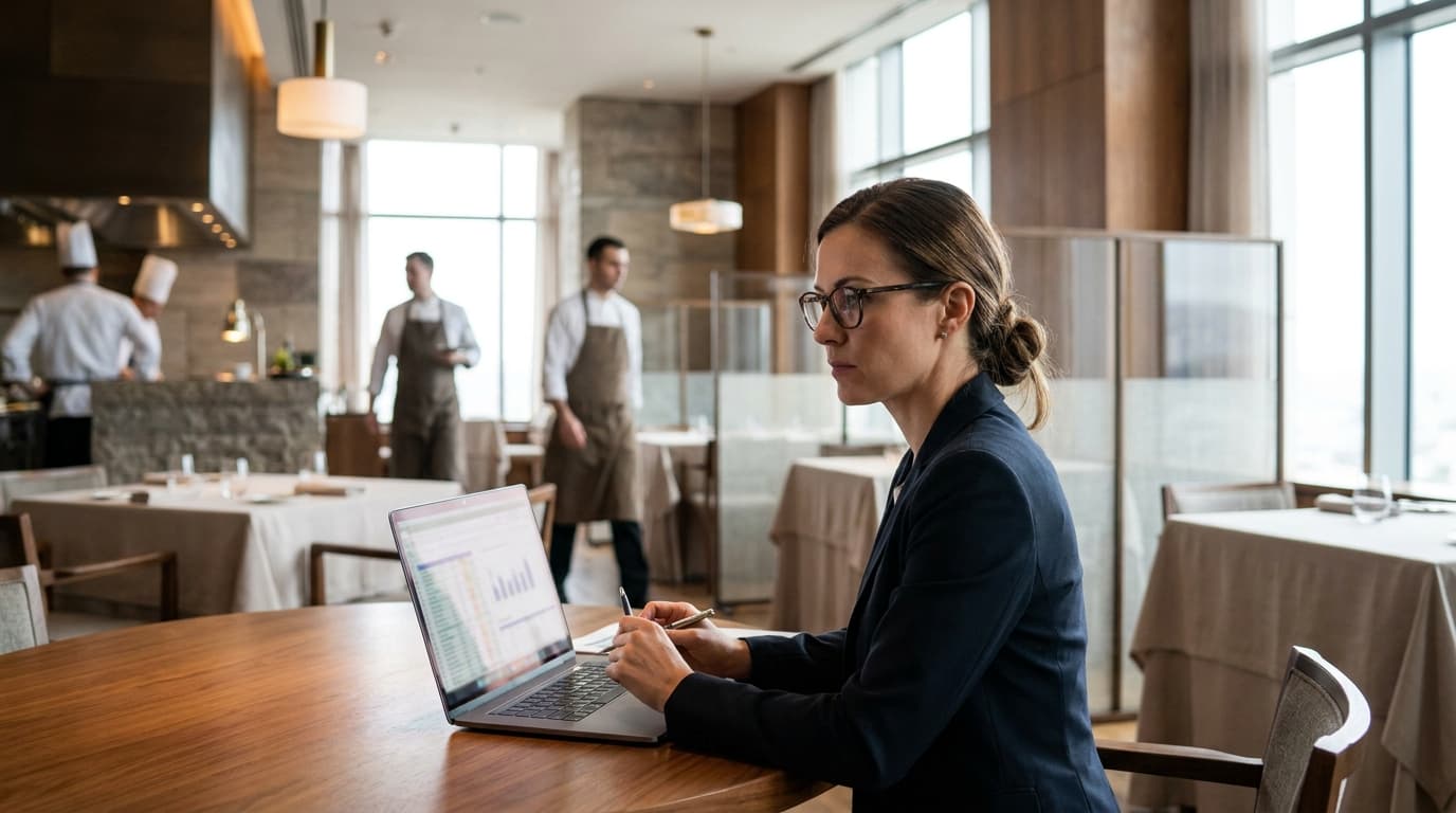 Gerente de restaurante revisando en una tablet datos de inteligencia artificial y responsabilidad digital durante el servicio.