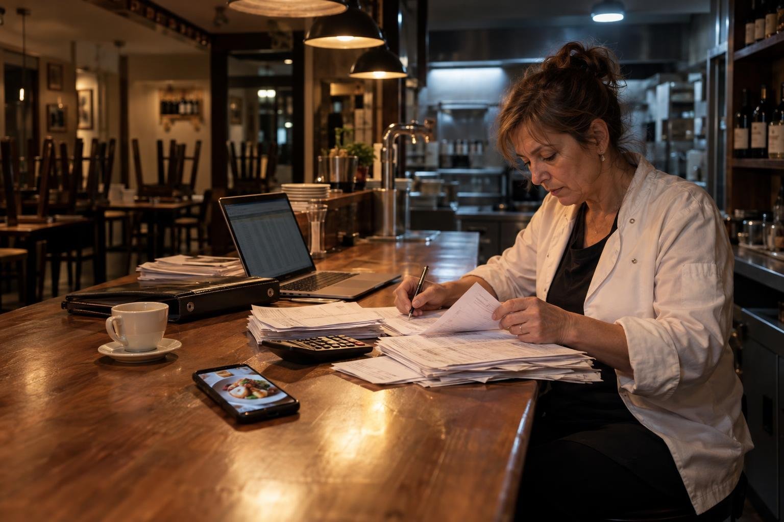 Propietaria de un restaurante con chaquetilla de cocina revisando facturas y albaranes de proveedores en la barra tras el cierre, junto a un portátil y un móvil con la foto de un plato para redes sociales